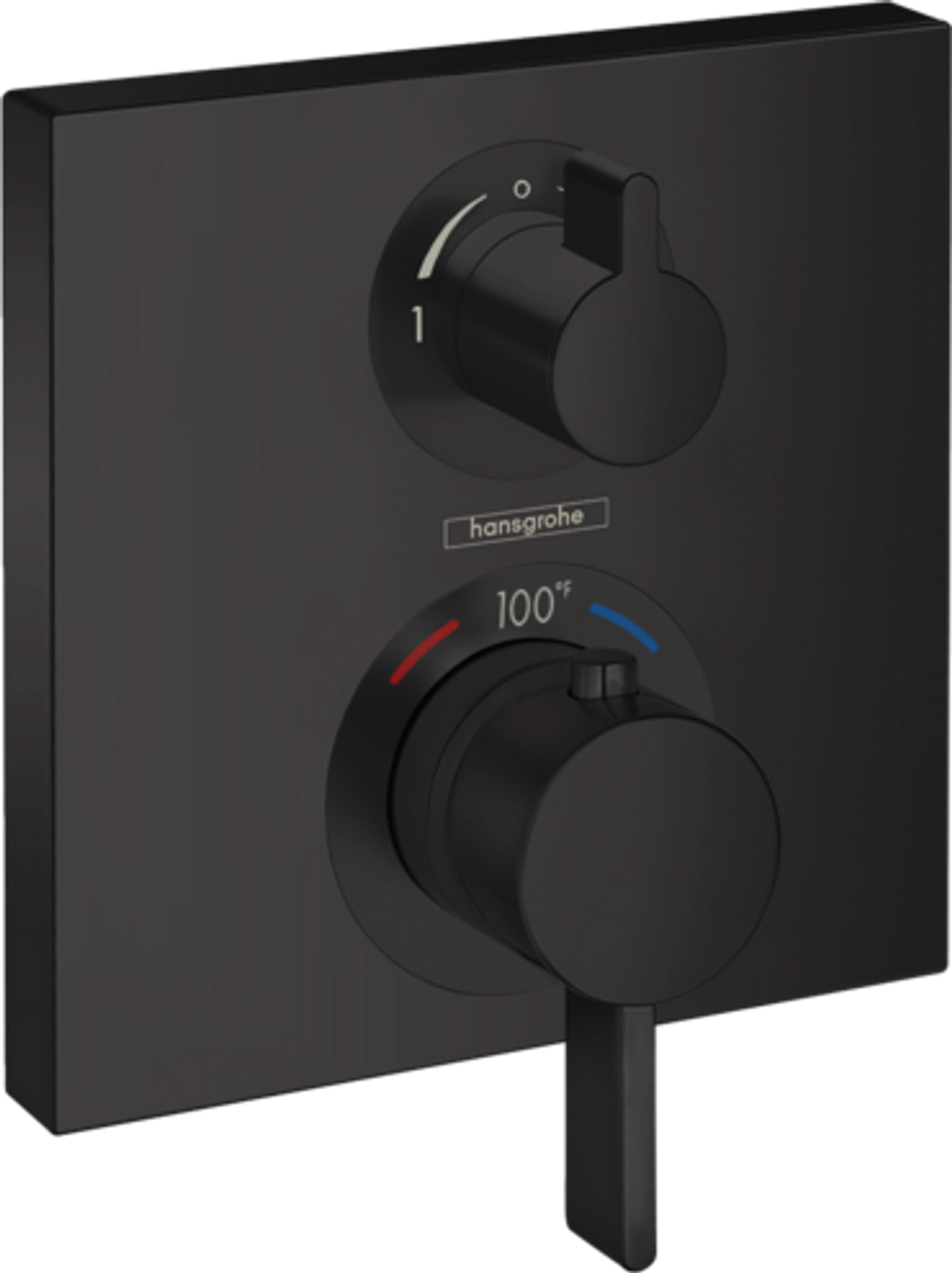 Matte black square thermostatic shower trim with upper volume control lever and lower temperature dial marked to 100°F, with 