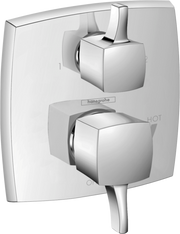 Chrome pressure balance shower trim with square escutcheon plate, diverter lever, and dual controls.