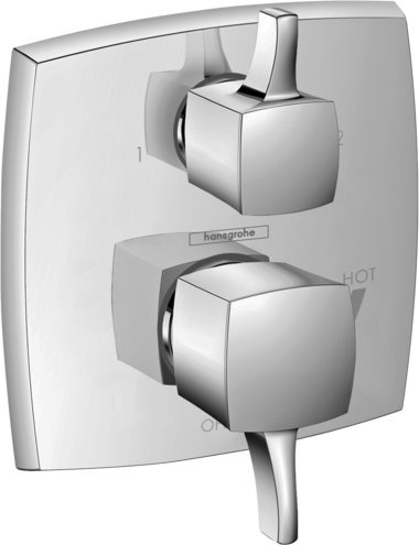 Chrome pressure balance shower trim with square escutcheon plate, diverter lever, and dual controls.