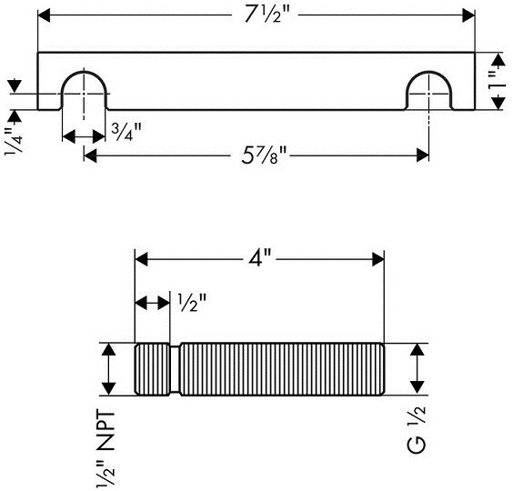 Technical diagram showing top and bottom views of a shower pipe rough-in with dimensions and connection specifications.