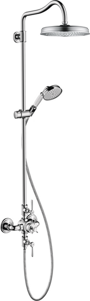 Chrome showerpipe with overhead rainfall showerhead, handheld spray, and wall-mounted valve controls.