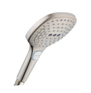 Brushed nickel handheld showerhead with multiple spray jets and control button on handle.