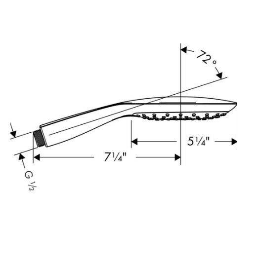 Brushed nickel handheld showerhead with curved face, 3-jet nozzles, and measurement dimensions shown.