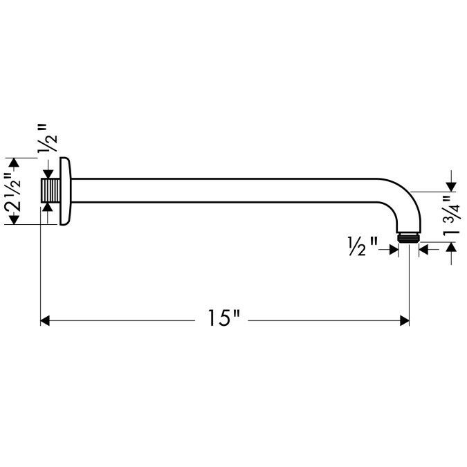 Brushed nickel shower arm with 15" horizontal reach and curved end connector, technical diagram with measurements.