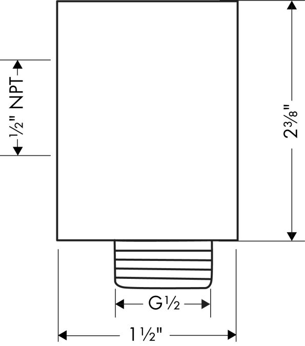 Chrome wall outlet with threaded G1/2 connection and horizontal mounting plate, dimensions shown.