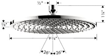 Brushed nickel round shower head with spray holes, measuring 9.75 inches diameter with mounting dimensions labeled.