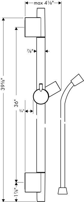 Chrome wall-mounted shower bar with integrated ball joint connector and angled showerhead, 36 inches tall.