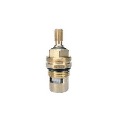 Brass cylindrical cartridge valve with vertical stem and black seal ring, 1/2" connection size.