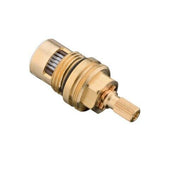 Brass volume control cartridge with ceramic disc and ribbed stem for faucet assembly.
