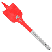 Red and gray spade bit with flat chisel head and serrated edges on shaft.