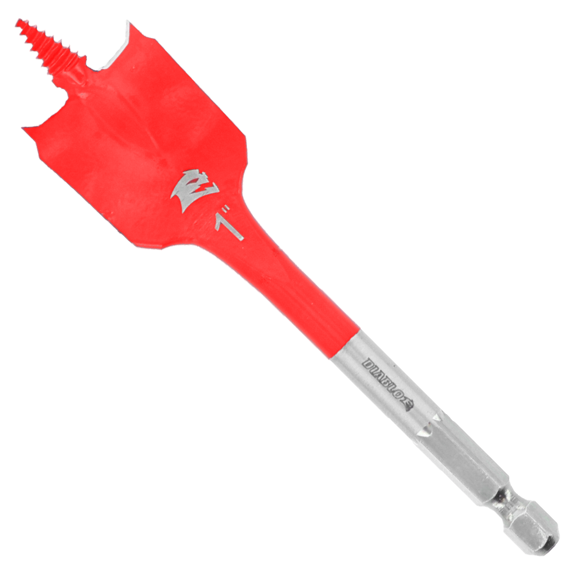 Red and gray spade bit with flat chisel head and serrated edges on shaft.