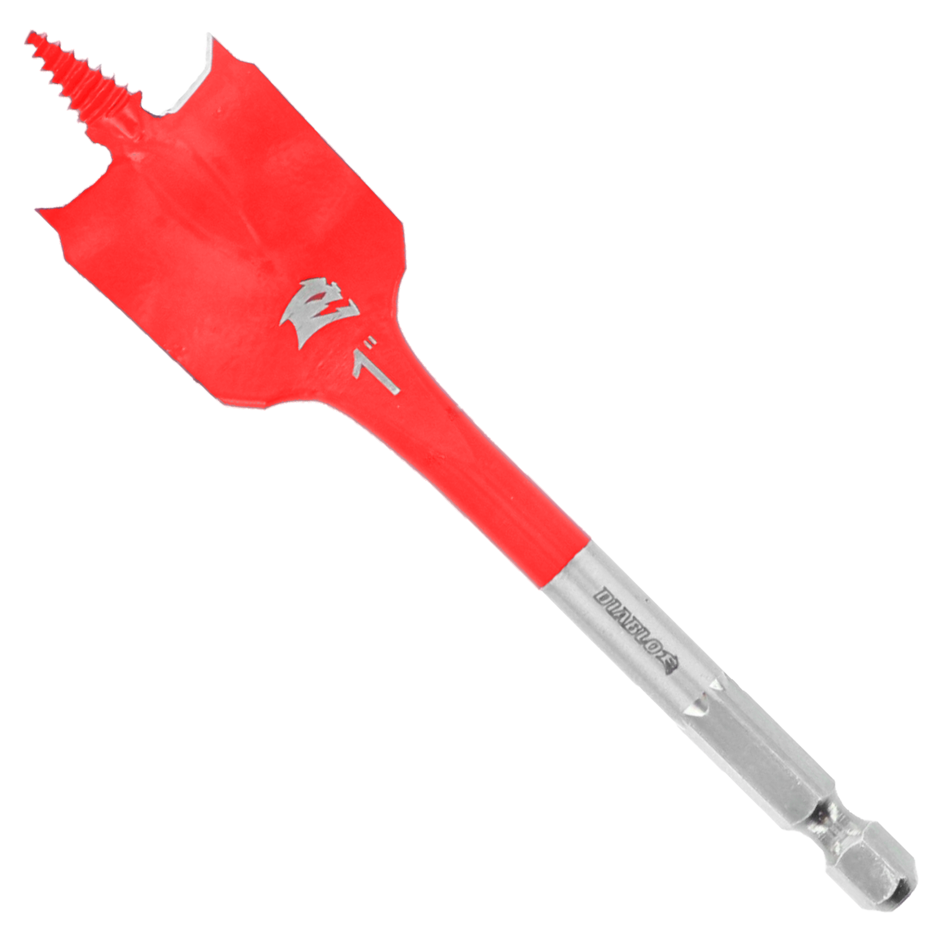 Red and gray spade bit with flat chisel head and serrated edges on shaft.