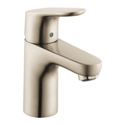 Brushed nickel single-hole bathroom faucet with curved spout and cylindrical handle.