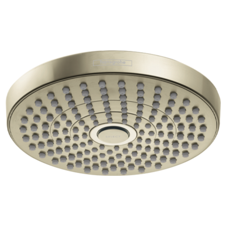 Polished nickel round shower head with multiple jet openings and center outlet.