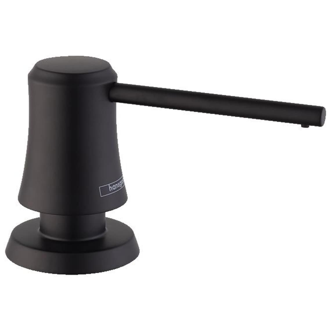 Matte black soap dispenser with cylindrical pump body, round base, and horizontal lever spout.