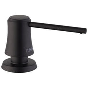Matte black soap dispenser with cylindrical pump body, round base, and horizontal lever spout.