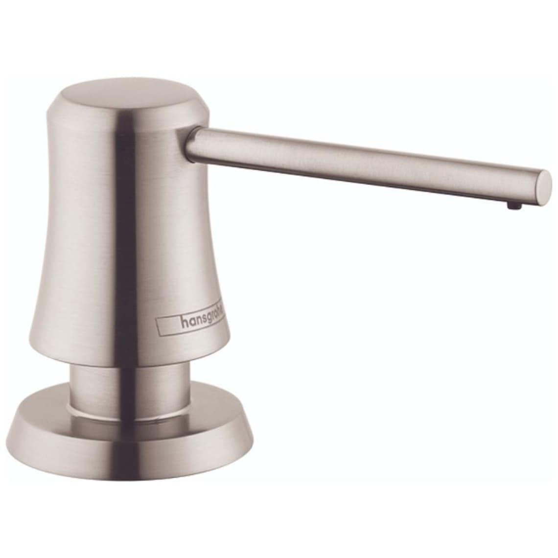 Hansgrohe Joleena soap dispenser in brushed stainless steel with cylindrical pump and round base.