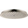 Brushed nickel round shower head with perforated spray pattern, 240mm diameter.