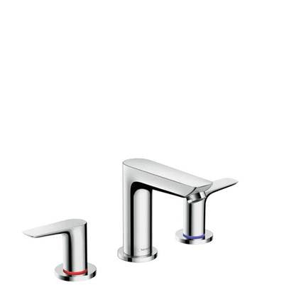 Chrome three-hole widespread bathroom faucet with two handles and curved spout.