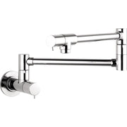 Chrome wall-mounted pot filler with articulating arm and single lever handle.