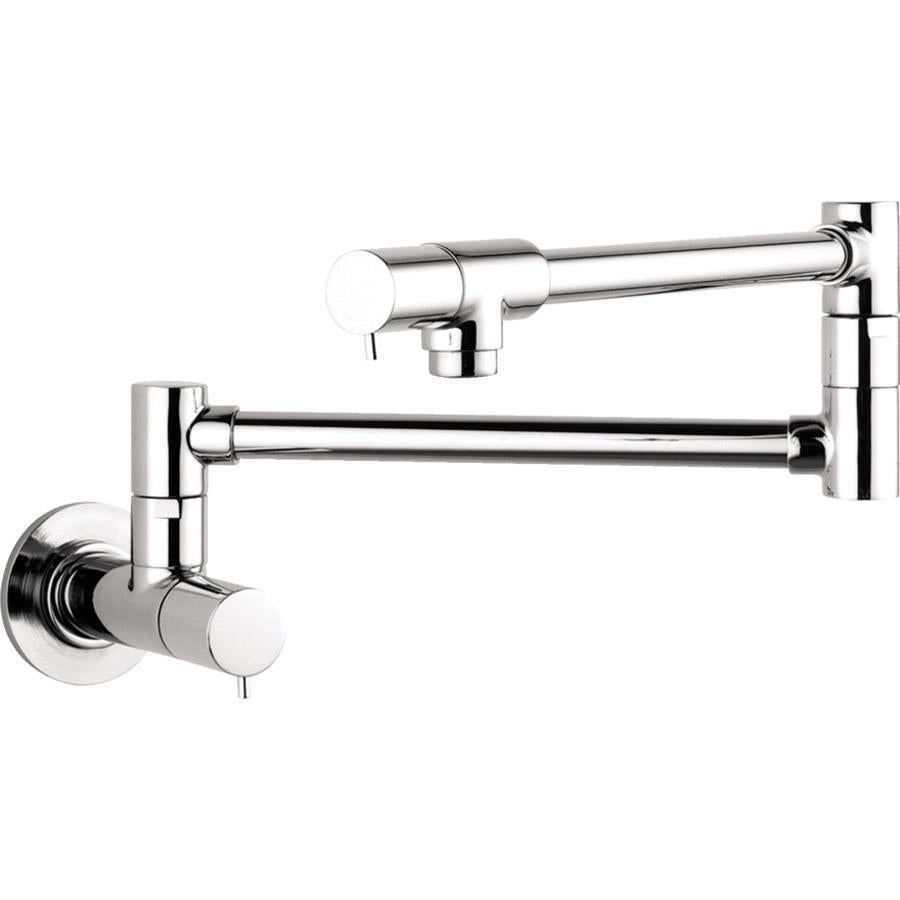 Chrome wall-mounted pot filler with articulating arm and single lever handle.