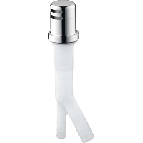 Hansgrohe air gap with chrome cap and white plastic tubing with two outlet ports.