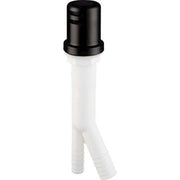 Matte black air gap with white plastic base and dual outlet tubes for kitchen or bathroom sink installation.