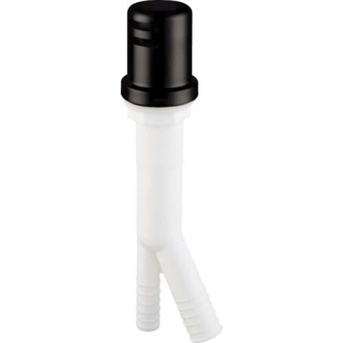 Matte black air gap with white plastic base and dual outlet tubes for kitchen or bathroom sink installation.