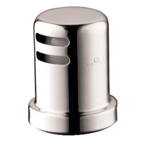 Polished nickel cylindrical air gap with horizontal slot vents and threaded base for sink installation.