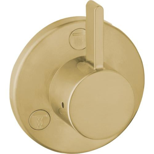 Brushed bronze circular diverter trim with round handle and two control buttons mounted on wall plate.