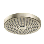 Brushed gold round shower head with multiple spray jets and center opening on flat face.