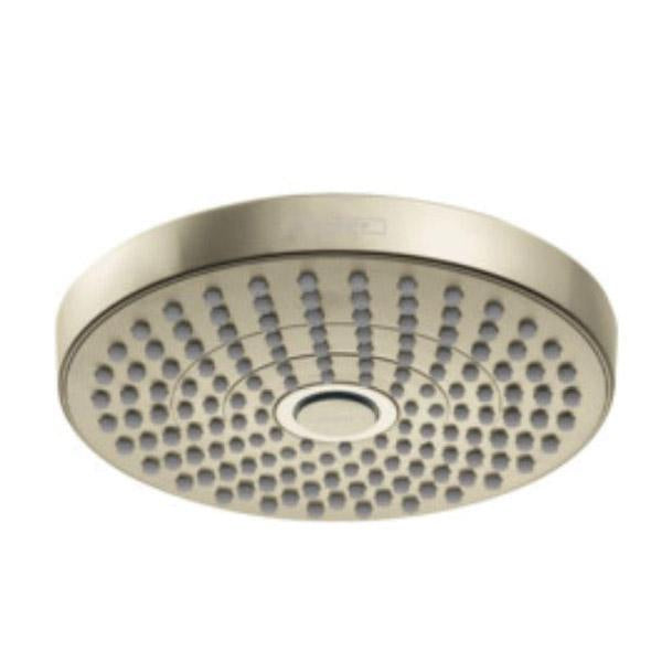 Brushed gold round shower head with multiple spray jets and center opening on flat face.