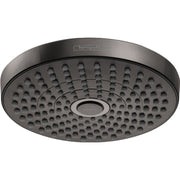 Brushed black chrome round shower head with multiple spray jets and Hansgrohe branding visible on rim.