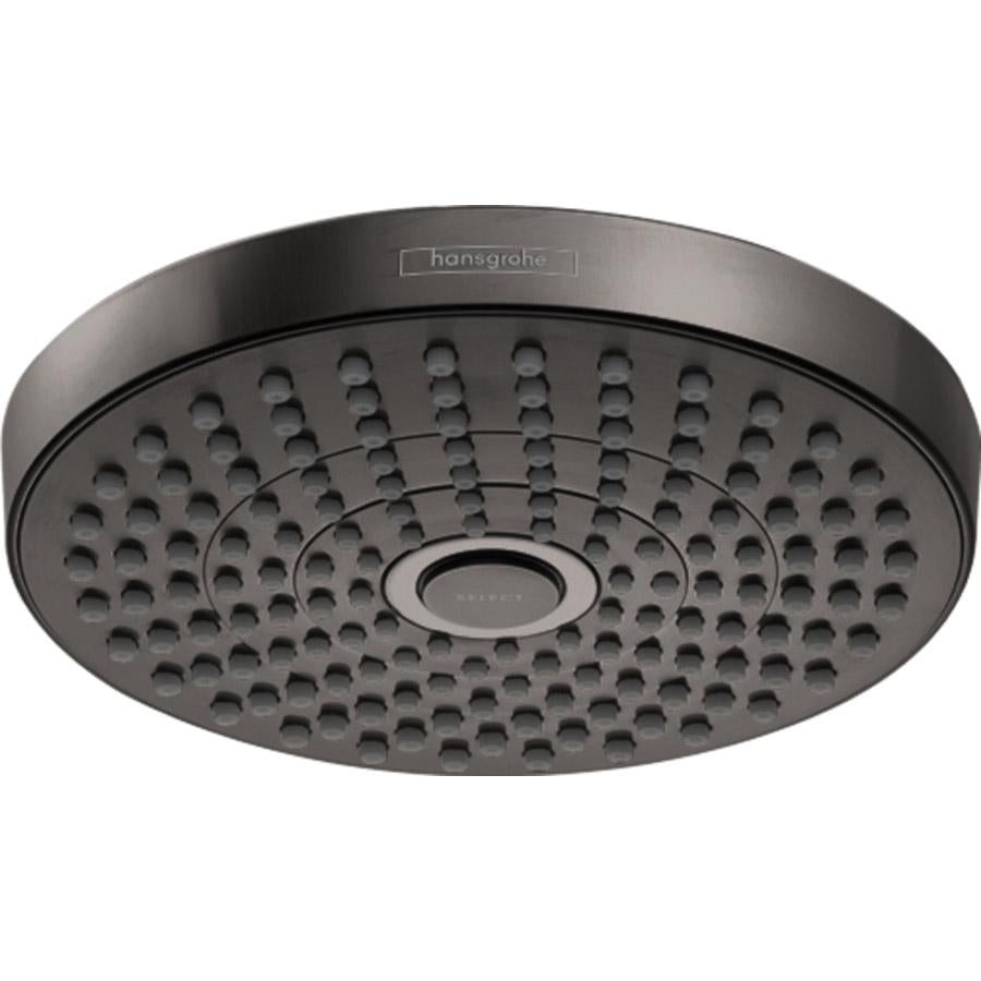 Brushed black chrome round shower head with multiple spray jets and Hansgrohe branding visible on rim.
