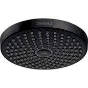 Matte black round shower head with multiple spray jets and Hansgrohe branding on rim.