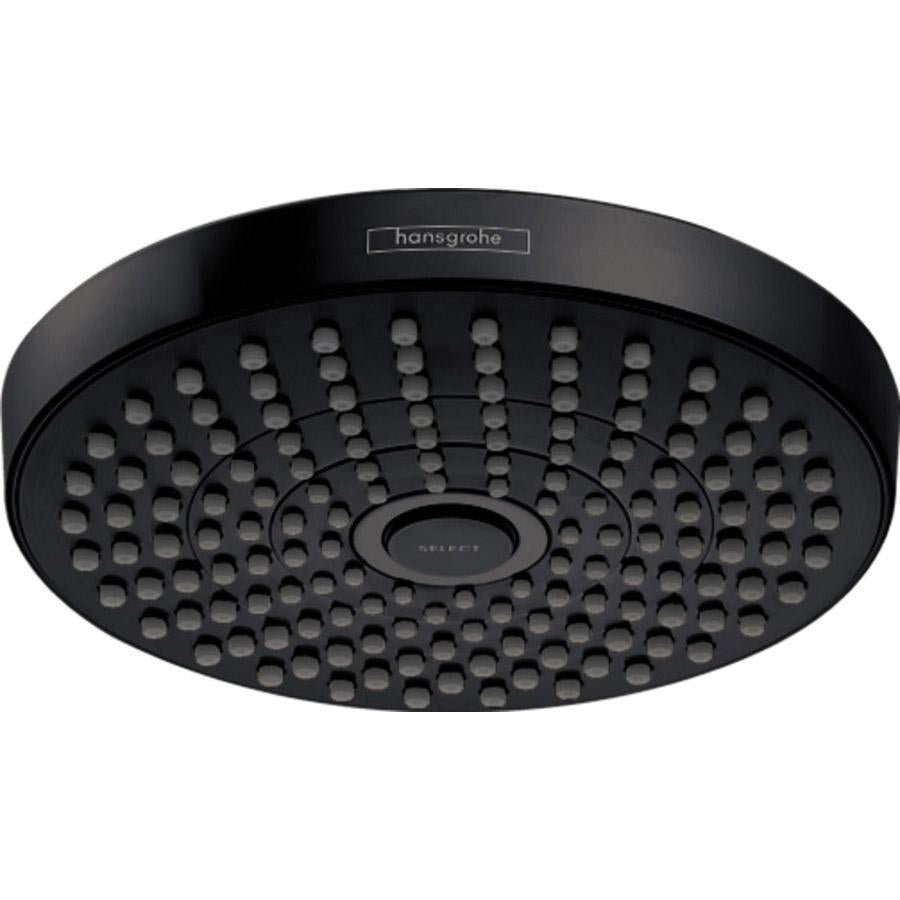 Matte black round shower head with multiple spray jets and Hansgrohe branding on rim.