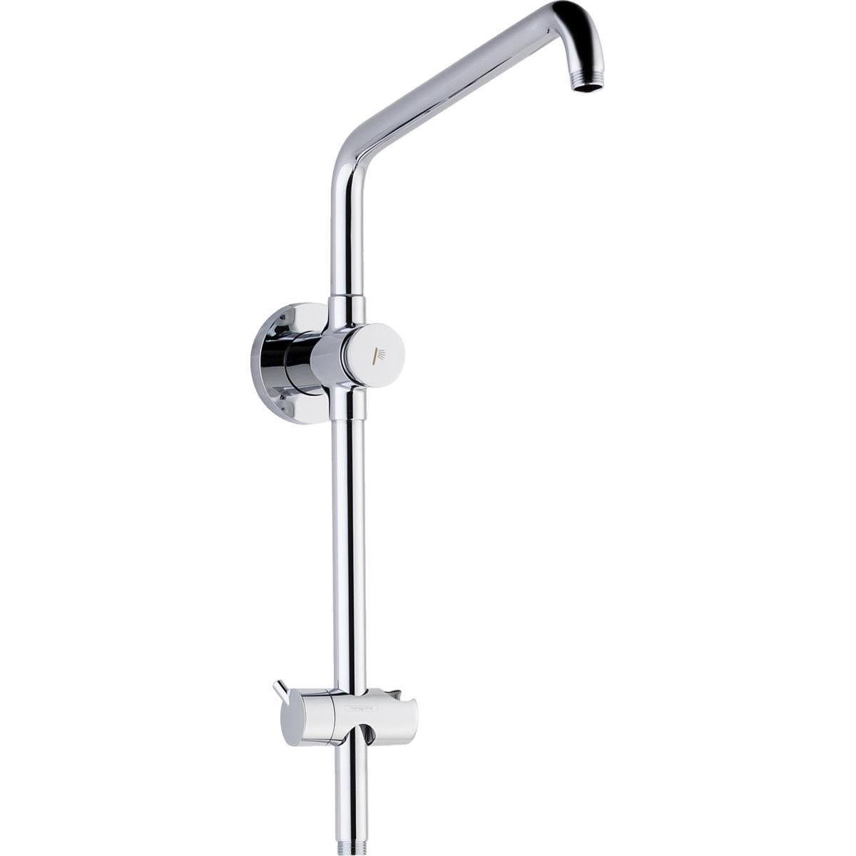 Chrome shower arm with wall-mounted control valve and hand shower bracket, no shower head included.