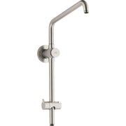 Brushed nickel shower arm and valve set with single control handle and angled spout outlet.