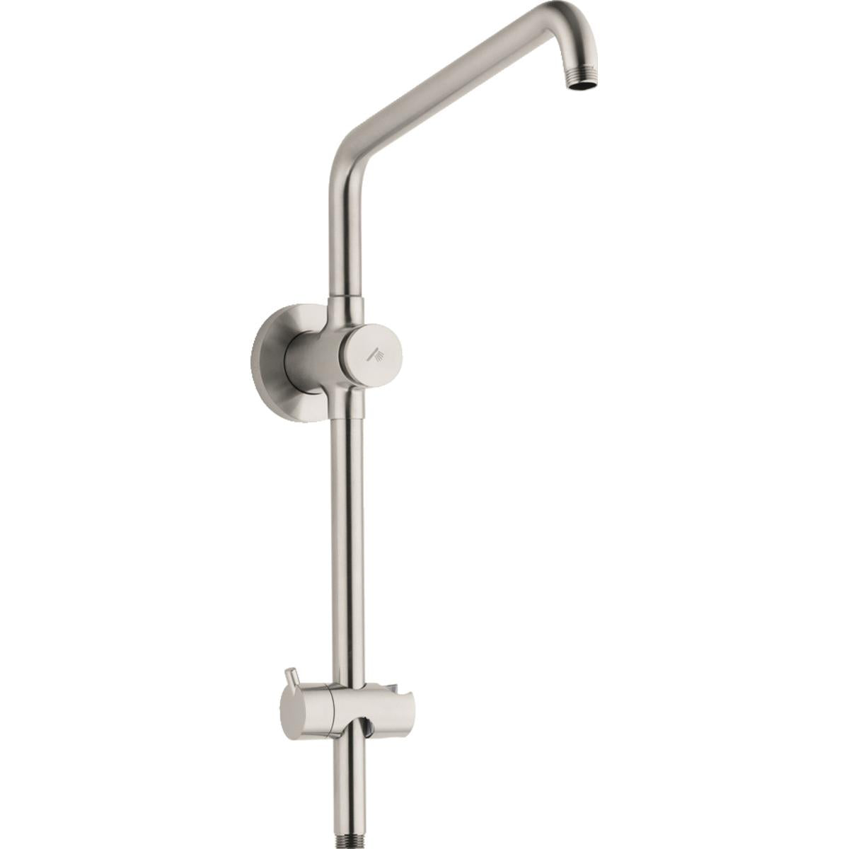 Brushed nickel shower arm and valve set with single control handle and angled spout outlet.