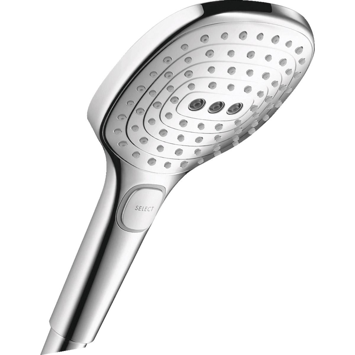 Chrome handshower with oval face featuring multiple jets and select button on handle.