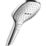 Chrome handshower with oval face featuring multiple jets and select button on handle.
