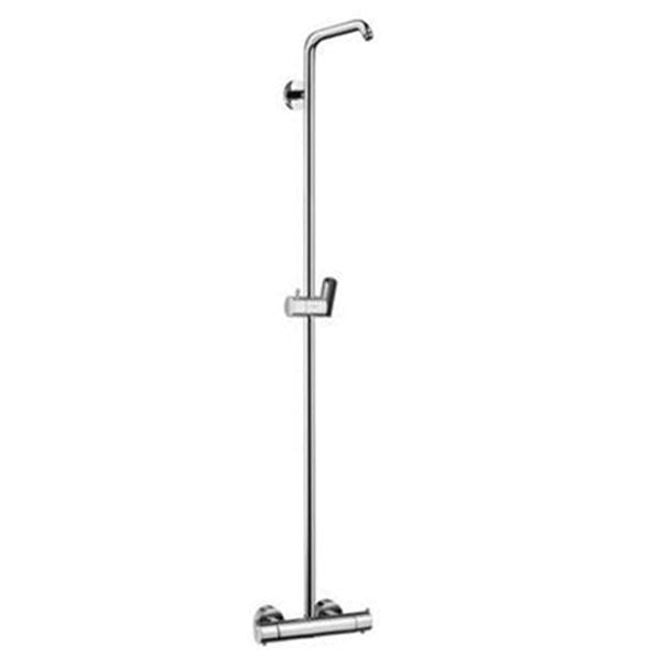 Chrome vertical shower pipe with curved spout, slide bar, and wall-mounted base valve.