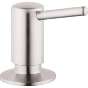 Stainless steel soap dispenser with cylindrical body and horizontal spout on round base.