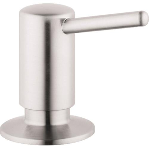 Stainless steel soap dispenser with cylindrical body and horizontal spout on round base.