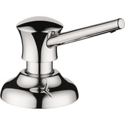 Chrome soap dispenser with cylindrical pump lever and rounded base.