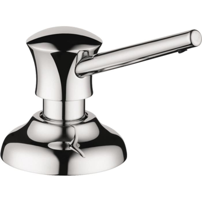 Chrome soap dispenser with cylindrical pump lever and rounded base.