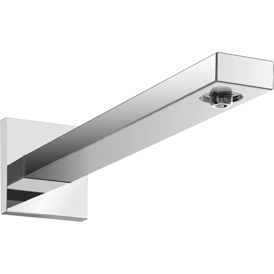 Chrome shower arm with wall mount bracket and connection port for showerhead at end.