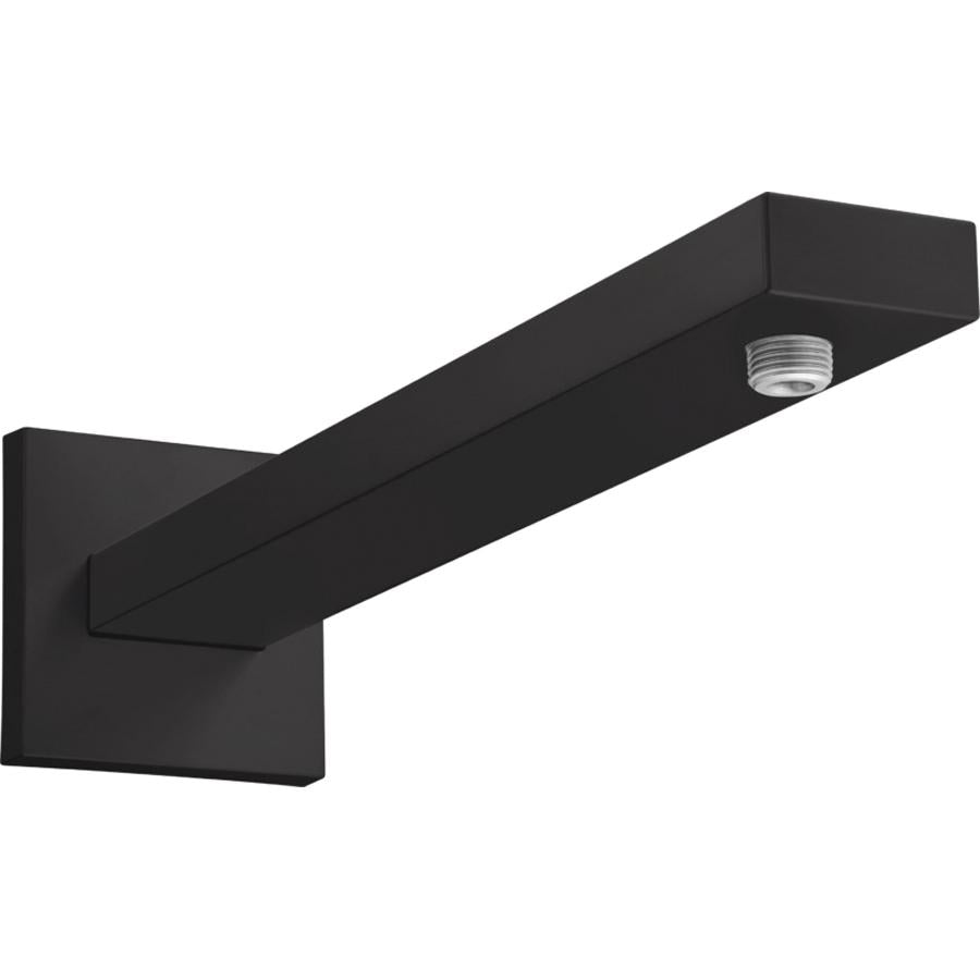 Matte black wall-mounted shower arm with threaded connection port at end.