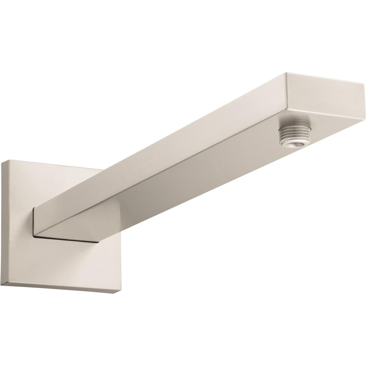 Brushed nickel shower arm with square wall bracket and angled connection port at end.