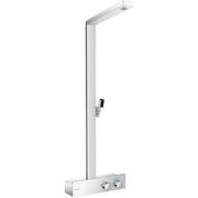 Chrome showerpipe with vertical support arm, overhead spray head, and wall-mounted control panel with two handles.